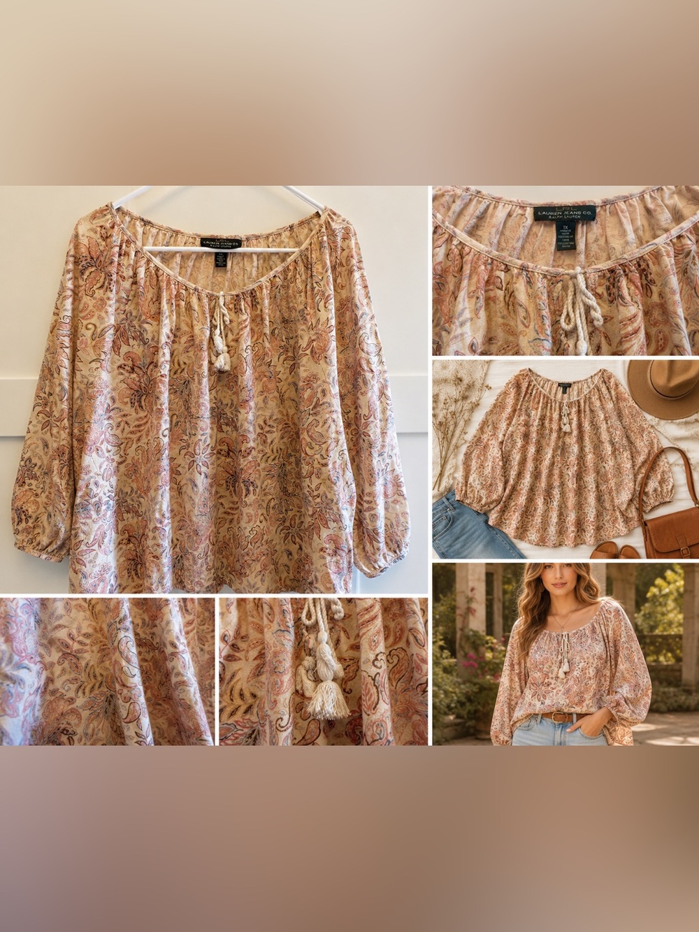 Lauren Jeans Co. 100% Cotton Bohemian Peasant Top Tassel Tie Paisley Floral 1X